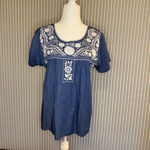 Blue Denim-like Blouse with Floral embroidery
